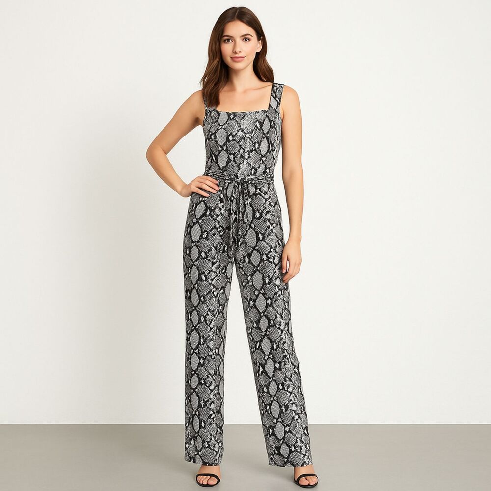 Haute Monde Jumpsuit w/ Belt Black White Snakeskin Print Strappy NWT Size L